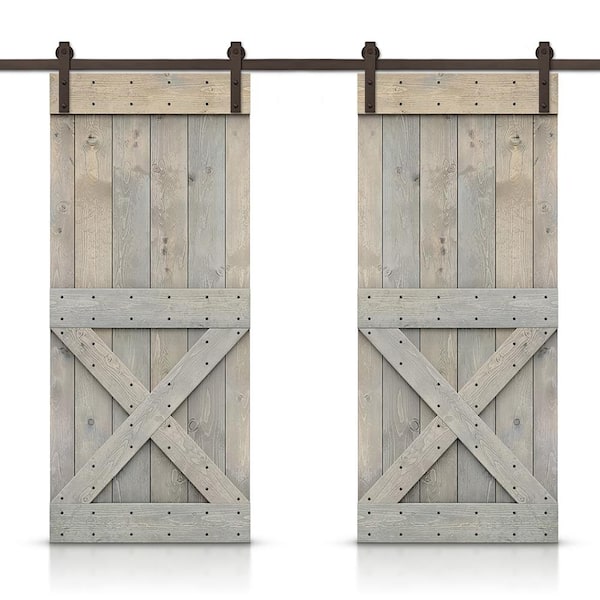 CALHOME Mini X 40 in. x 84 in. Smoke Gray Stained DIY Solid Pine Wood Interior Double Sliding Barn Door with Hardware Kit
