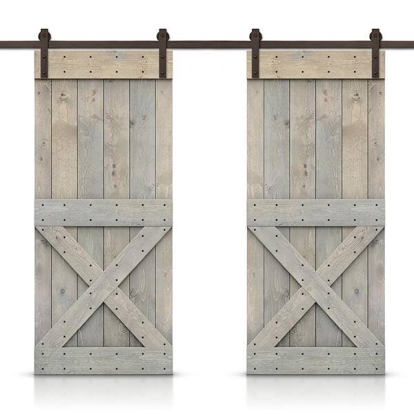 CALHOME Mini X 92 in. x 84 in. Smoke Gray Stained DIY Solid Pine Wood Interior Double Sliding Barn Door with Hardware Kit