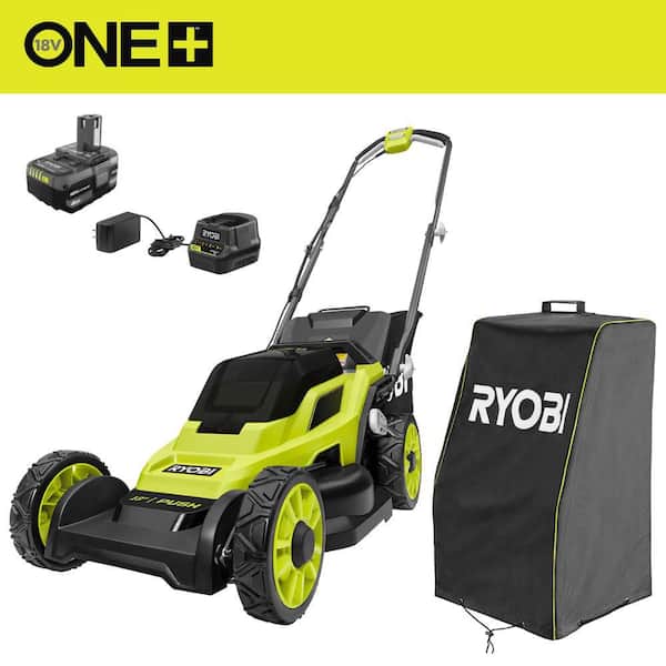 ONE+18V 13 in. Cordless Battery Walk Behind Push Lawn Mower w/ Weatherproof UV Resistant Cover, 4.0 Ah Battery & Charger