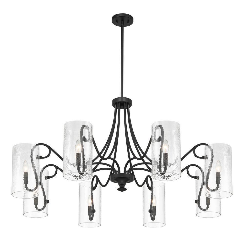 Matte Black 8-Light Chandelier with Clear Hammered Glass Shades