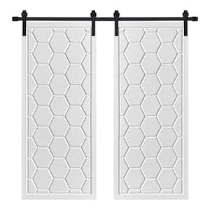Modern Honeycomb Designed 60 in. x 84 in. MDF Panel White Painted Double Sliding Barn Door with Hardware Kit