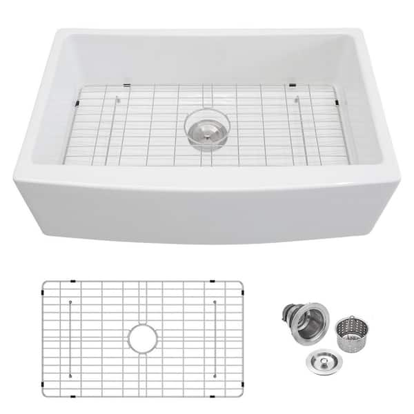Logmey 33 in. x 21 in. White Fireclay Single Bowl Farmhouse/Apron Front Kitchen Sink with Grid and Drain