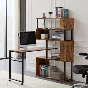 47.2 in. Rotating Computer Office Writing Desk L-Shaped Corner Table with 5-Tier Bookshelf, Lockable Casters, Brown
