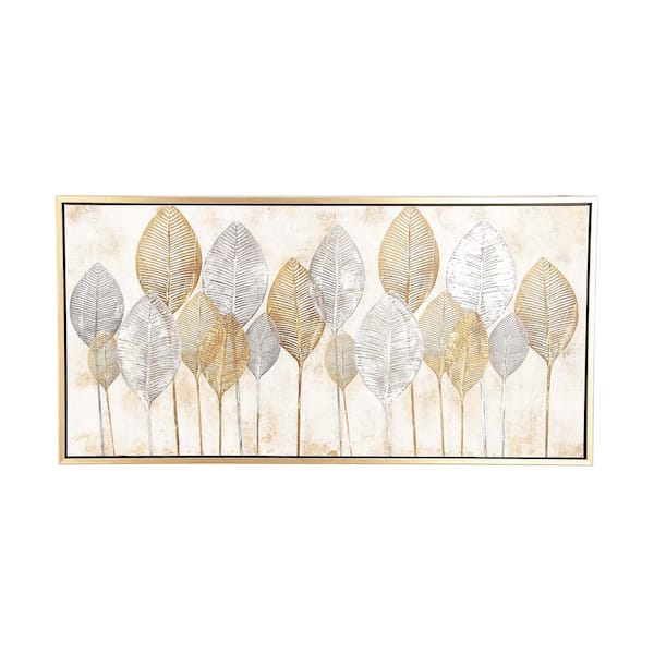 Cosmoliving By Cosmopolitan Gold And Silver Veined Leaves Hand Painted Framed Canvas Wall Art 43999 The Home Depot