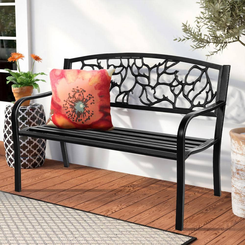 Dovelina 50 in. Metal Outdoor Garden Bench Patio Garden Bench in Black HD-2023122001 - The Home ...