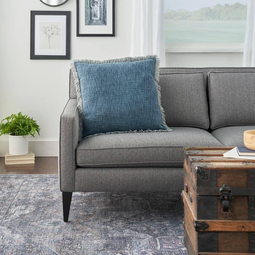 Navy Stonewashed Cotton Fringe 22" Square Throw Pillow