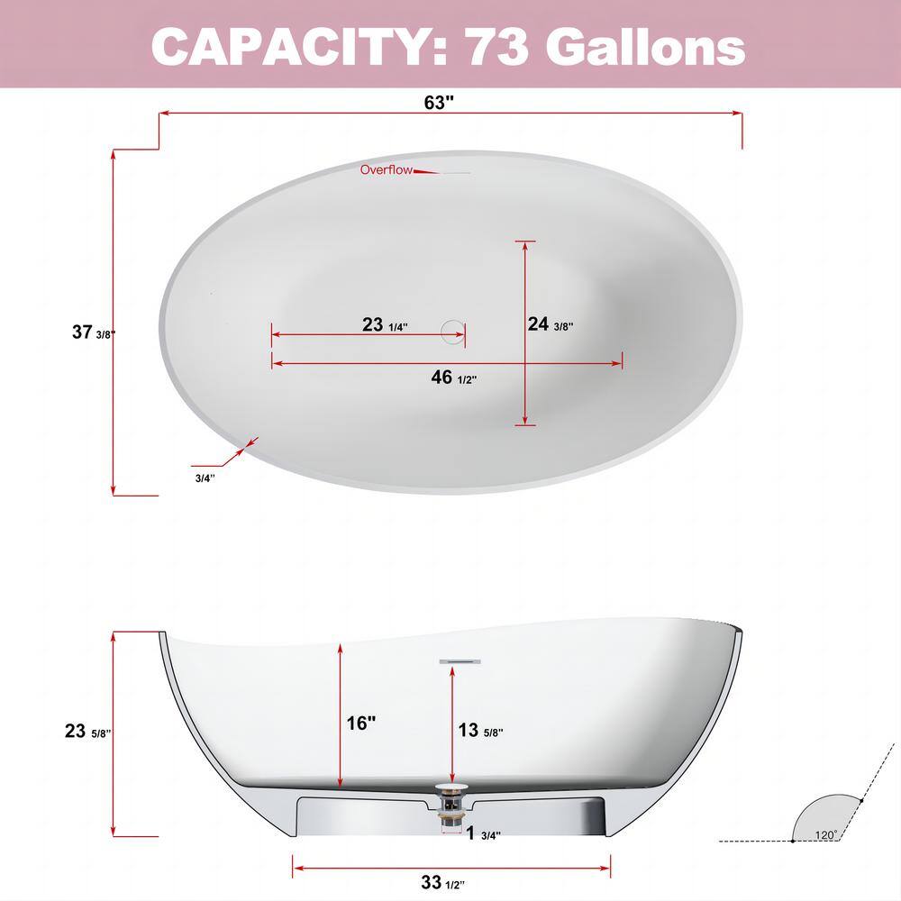 63'' White Acrylic Freestanding Soaking Bathtub
