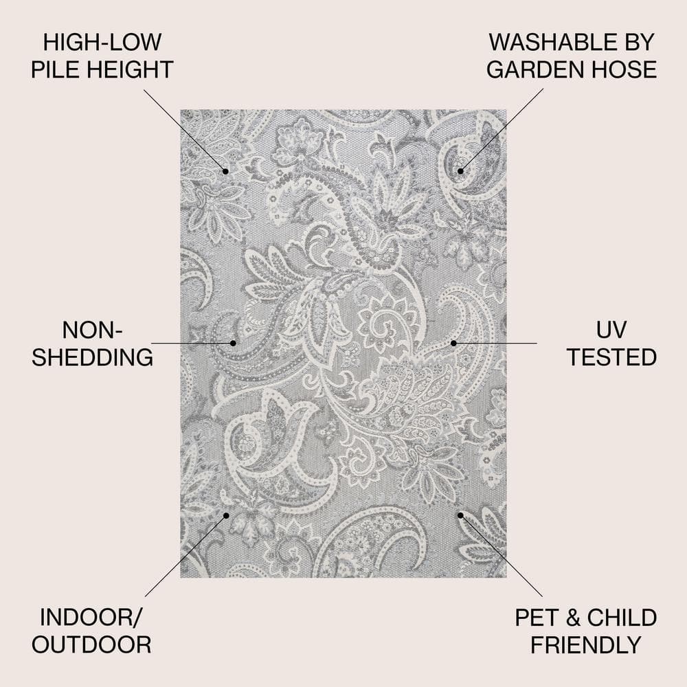 Light Gray and Ivory Paisley High-Low 5' x 8' Indoor/Outdoor Rug