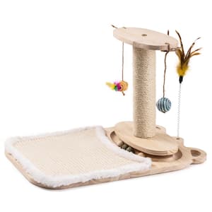 1-Layer Turntable Cat Ball Toy with Feather Stick, 5 Interactive Balls and Cat Scratching Post with Mat
