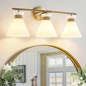 26.4 in. 3-Light Brushed Gold Vanity Light with Milk White Glass Shade Modern Bathroom Light Fixture