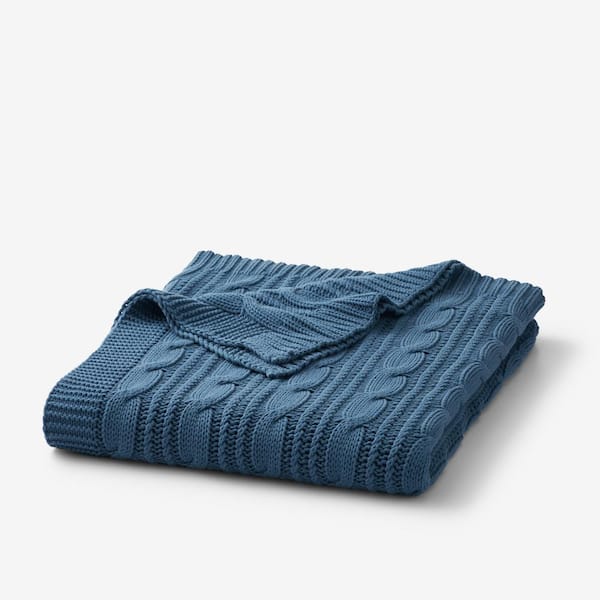 Chunky Cable Knit Denim Blue Cotton Throw Blanket