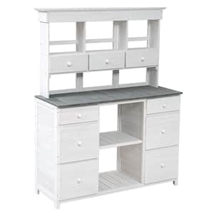 50 in. W x 65.7 in. H White Fir Wood Garden Potting Bench Table with Multiple Drawers and Shelves