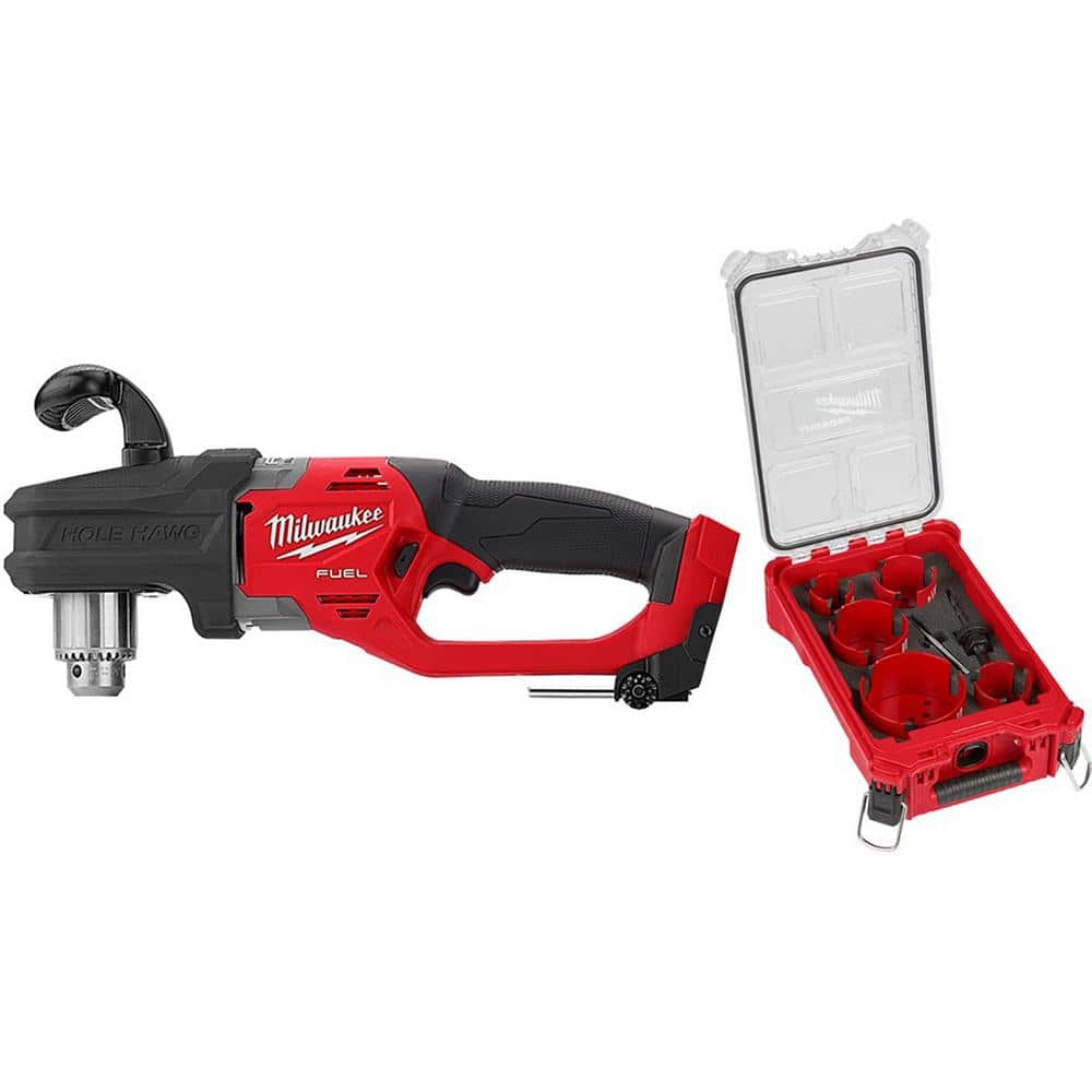 Milwaukee M18 FUEL GEN II 18-Volt Lithium-Ion Brushless Cordless 1/2 in. Hole Hawg Right Angle Drill w/9pc PACKOUT Hole Saw Kit -  2807-20-49-56