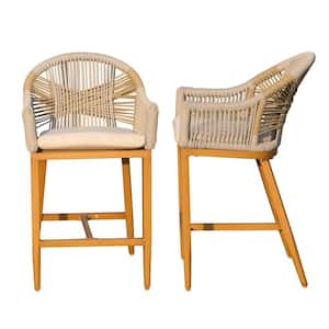 2-Piece Brown Sling Outdoor Bar Stools Bar Height Patio Chairs with Beige Cushions for Garden, Pool, Patio