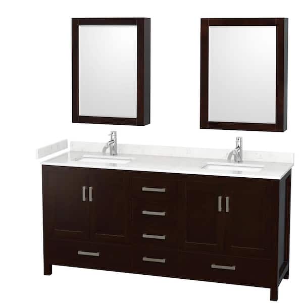 Wyndham Collection Sheffield 72 in. W x 22 in. D x 35 in. H Double Bath Vanity in Espresso with Carrara Cultured Marble Top and MC Mirrors