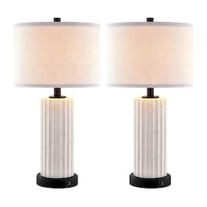 23 in. White Rustic Ceramic Table Lamp Set with Bulbs, Touch Control, Dual USB Ports and AC Outlet (Set of 2)