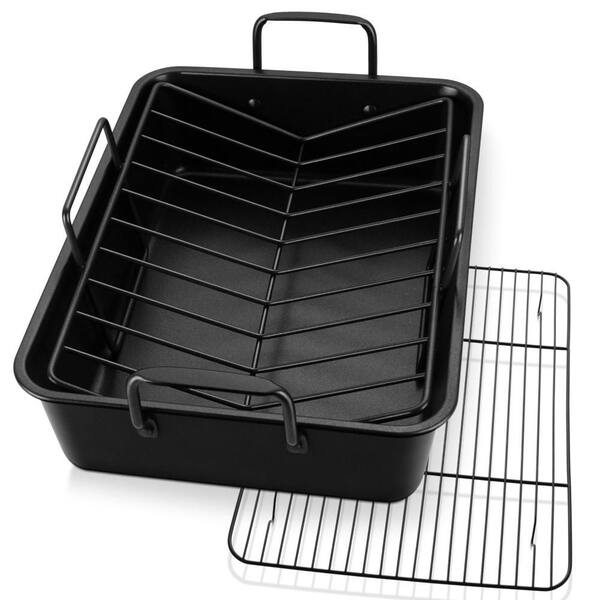 3-Piece 16 in. Roaster Roasting Pan with Baking Rack and V-shaped Rack, Rectangular Lasagna Pan with Handles, Black