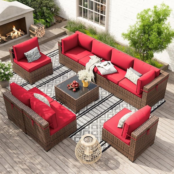 9-Piece Wicker Patio Sectional Conversation Sets With Coffee Table and Bright Red Cushions