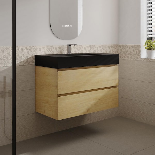 Aaby 36 in. W x 18 in. D x 25 in. H Wall Mounted Floating Bath Vanity Cabinet in Light Oak with Quartz Top and Sink
