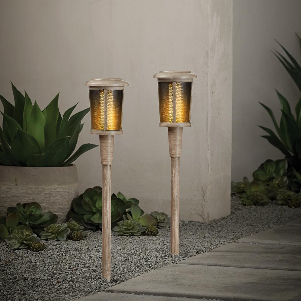 Hampton Bay Ambrose Solar 6 Lumens Natural Oak Integrated LED Flicker Flame Torch Path Light with Adjustable Height (2-Pack)