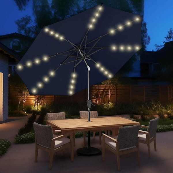 Primehome 9ft. Solar Patio Umbrella w/ 32 LED Lights, Push-Button Tilt and Crank Lift - Perfect for Pool,Deck and Backyard in Blue