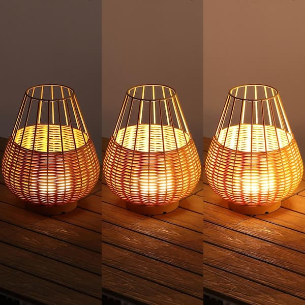 Elian 10 in. Indoor/Outdoor Faux Wicker Rechargeable Dimmable Integrated LED Table Lamp, Light Brown/Brown (Set of 2)