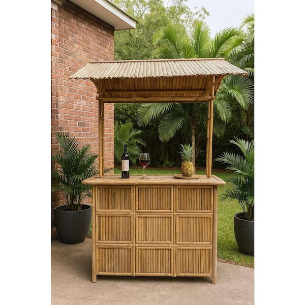 76 in. L 24 in. W 89 in. H Bamboo Tiki Bar with Bamboo Tile Roof and Single Tier Counter