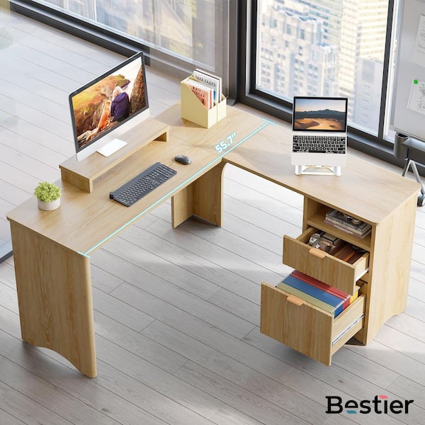 Bestier 55 in. Log 2-Drawers L Shaped Computer Desk with Open