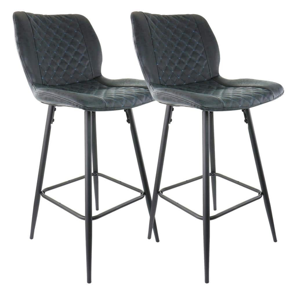 2-Piece Diamond Stitched Faux Leather 39 in. Bar Chair in Black with Metal 
