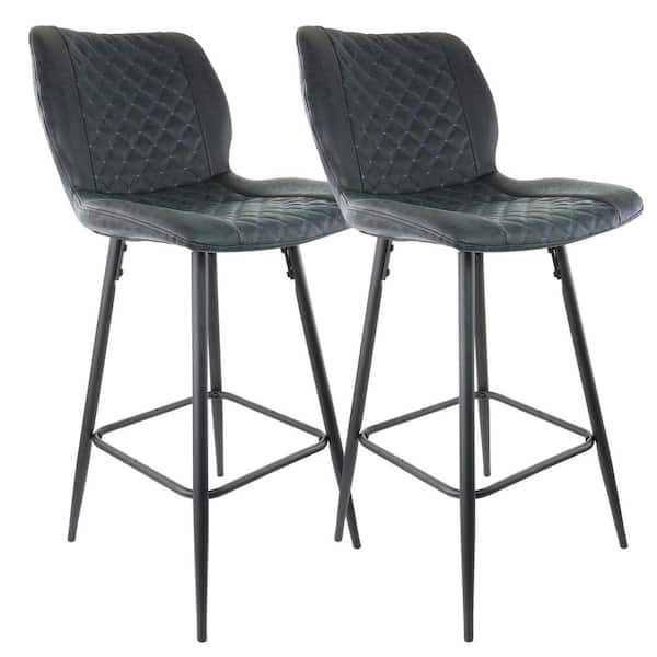 Elama 2-Piece Diamond Stitched Faux Leather 39 in. Bar Chair in Black with Metal Legs