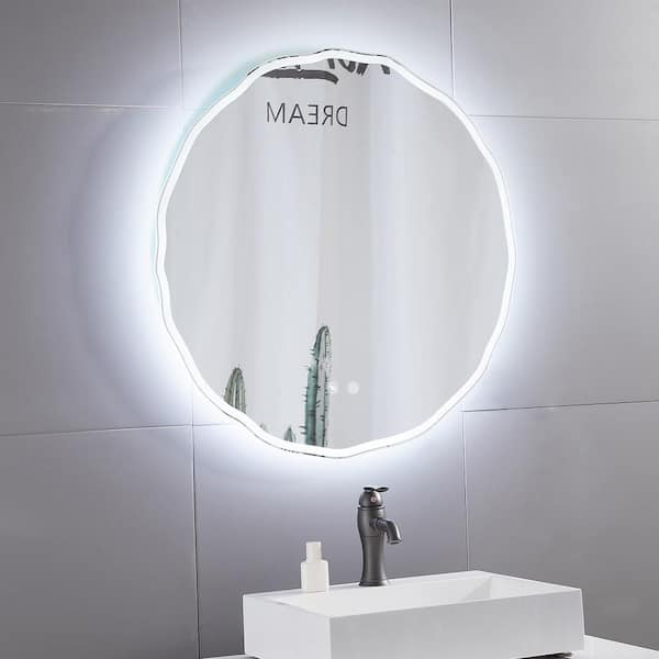ELLO&ALLO 24 in. W x 24 in. H Single Round Frameless LED Light Wall Bathroom Vanity Mirror with Shelf, Clear