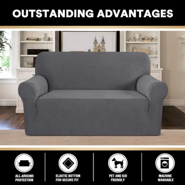 Gray Polyester Stretch Loveseat Sofa Cover with Non Slip Bottom