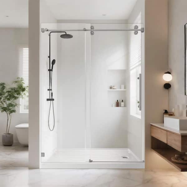 54 in. W x 76 in. H Single Sliding Frameless Shower Door in Brushed Nickel with 3/8 in. Clear Tempered Glass