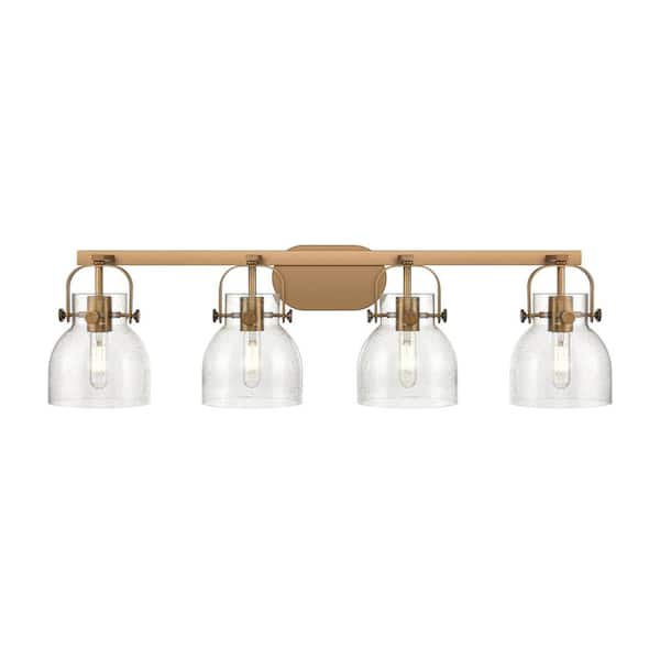 Innovations Pilaster II Bell 36.5 in. 4-Light Brushed Brass Vanity Light with Glass Shade