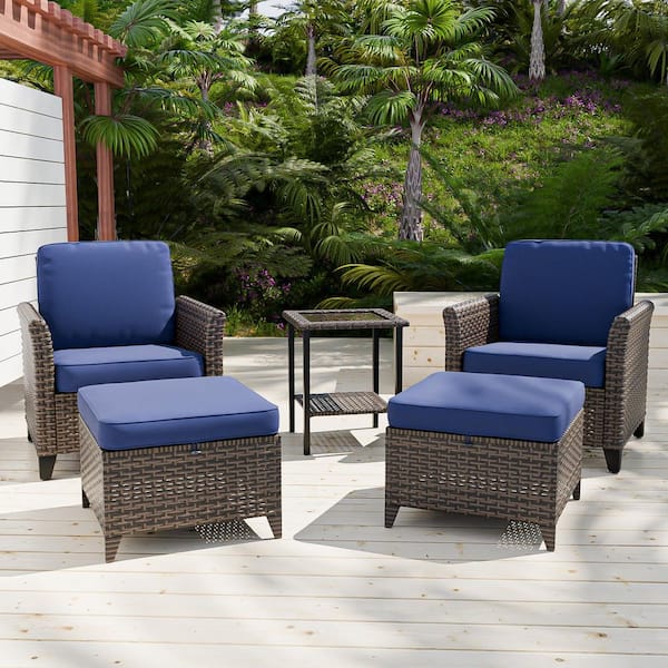 COOS BAY Brown Rattan Wicker 5-piece Outdoor Patio Conversation Set with Blue Cushions, Patio Chairs with Ottomans