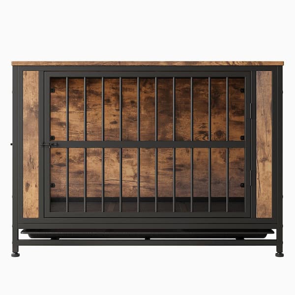 Tunearary 39 in. Outdoor Solid Wood Dual-Door Dog House, Wooden End Table, with 2 Sliding Doors and Thick Iron Door Frame