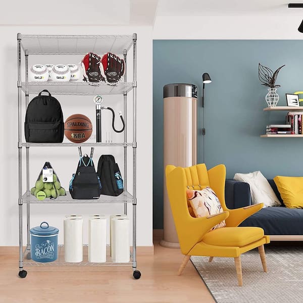 Otryad 5-Shelf Shelving with Wheels Steel Organizer for Kicthen, Kitchen Pantry in Silver