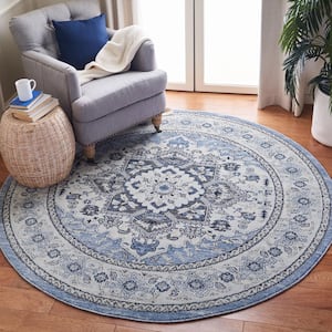 Charleston Blue/Gray 7 ft. x 7 ft. Border Floral Round Area Rug