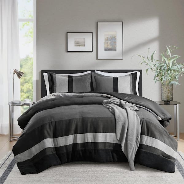510 Design Boulder Stripe 3-Piece Black Full/Queen Pieced Faux Suede Comforter Set HD0179000826669 510 Design Boulder Stripe 3-Piece Black Full/Queen Pieced Faux Suede Comforter Set HD0179000826669