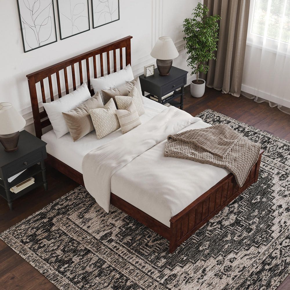 Walnut Queen Wood Platform Bed with Slatted Headboard