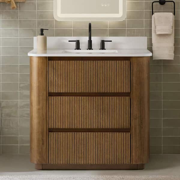 Wilsham 37 in. Single Sink Freestanding Bathroom Vanity in American Oak with White Quartz Top (Assembled)