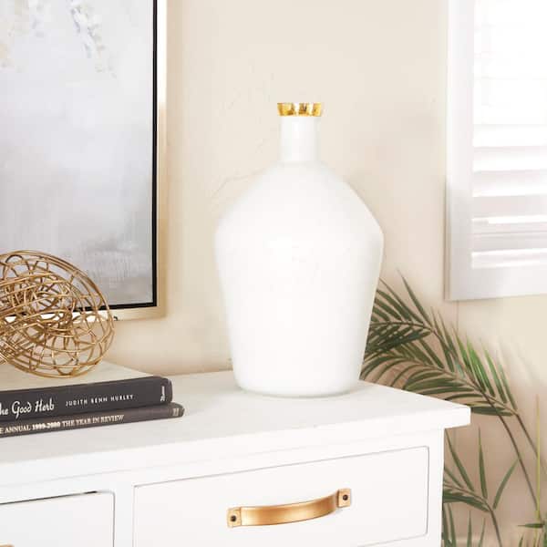 Litton Lane 15 in. White Glass Decorative Vase with Gold Rim