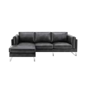 103 in. W Leather Sectional Sofa and Matching Footrest in Dark Grey