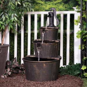 40 in. Tall Outdoor 3-Tier Barrel Pump Waterfall Fountain, Brown