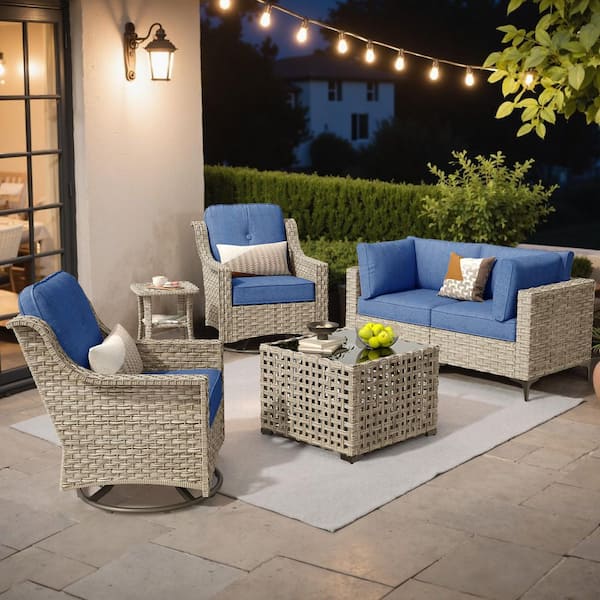 XIZZI Zephyr 6 Pieces Wicker Outdoor Rocking Chair Set with Diamond Blue Cushions