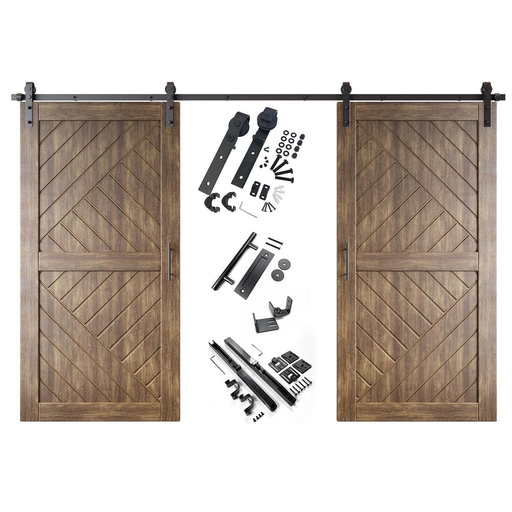 HT 36 in. x 84 in. C-Panel Dark Walnut Geometric Design Double Pine Wood Sliding Barn Door with Hardware Kit price history on PriceWatchPro