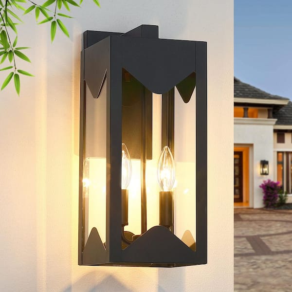 15.5 in. Black 2-Light Outdoor Hardwired Wall Lantern Scone Light with Clear Glass, with No Bulbs Included