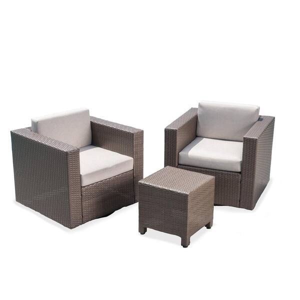 Noble House Puerta Light Brown 3-Piece Faux Rattan Patio Conversation Seating Set with Ceramic Grey Cushions