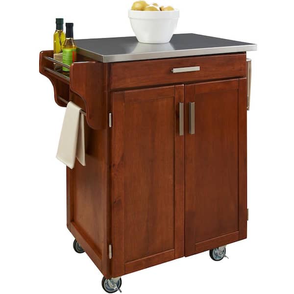 HOMESTYLES Cuisine Cart Warm Oak Kitchen Cart with Stainless Top