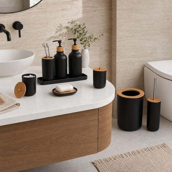 Numhew 9-Pack Bamboo Bathroom Accessories Sets Complete with Trash